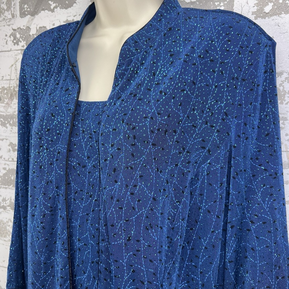 Vtg Onyx Nite 2 Pc Tank Cardigan Set XL Blue Teal Black Sparkle Bling Glamour